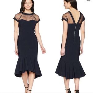 Maggy London Navy Midi Dress with Sheer Neckline